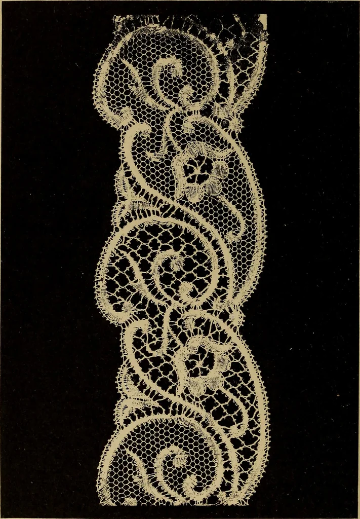 An illustration from Dentelles et guipures : anciennes et modernes, imitations ou copies. Varieté des genres et des points. 52 portraits documentaires, 249 échantillons de dentelles, collerettes, fraises, manchettes, rabats, etc., 1904, leaf 290