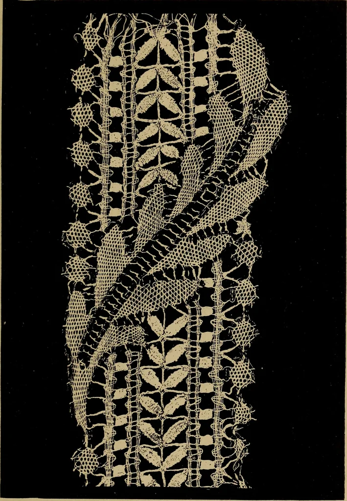 An illustration from Dentelles et guipures : anciennes et modernes, imitations ou copies. Varieté des genres et des points. 52 portraits documentaires, 249 échantillons de dentelles, collerettes, fraises, manchettes, rabats, etc., 1904, leaf 291
