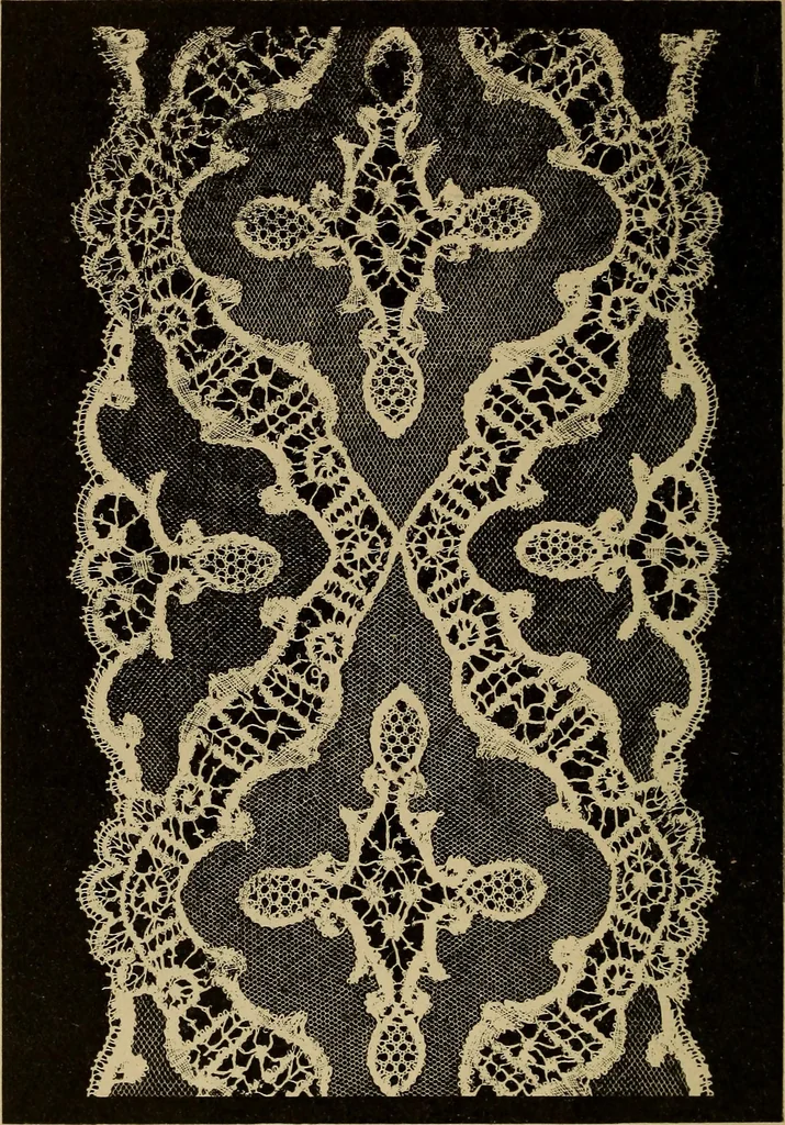 An illustration from Dentelles et guipures : anciennes et modernes, imitations ou copies. Varieté des genres et des points. 52 portraits documentaires, 249 échantillons de dentelles, collerettes, fraises, manchettes, rabats, etc., 1904, leaf 292