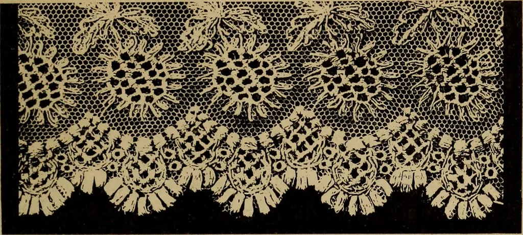 An illustration from Dentelles et guipures : anciennes et modernes, imitations ou copies. Varieté des genres et des points. 52 portraits documentaires, 249 échantillons de dentelles, collerettes, fraises, manchettes, rabats, etc., 1904, leaf 293