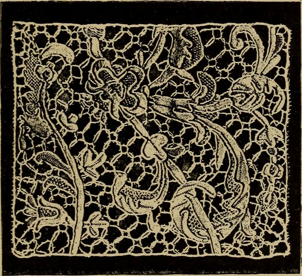 An illustration from Dentelles et guipures : anciennes et modernes, imitations ou copies. Varieté des genres et des points. 52 portraits documentaires, 249 échantillons de dentelles, collerettes, fraises, manchettes, rabats, etc., 1904, leaf 299