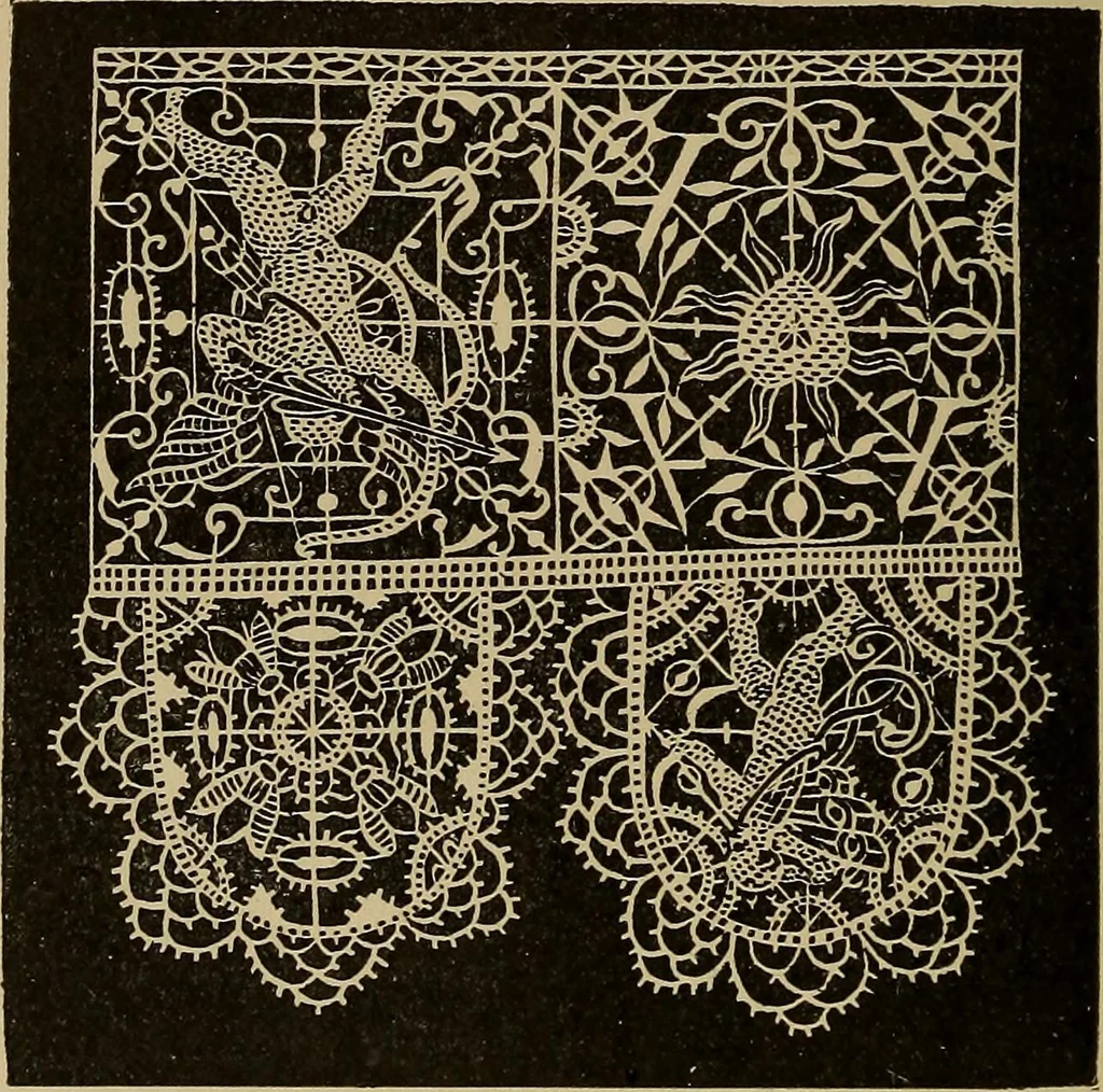 An illustration from Dentelles et guipures : anciennes et modernes, imitations ou copies. Varieté des genres et des points. 52 portraits documentaires, 249 échantillons de dentelles, collerettes, fraises, manchettes, rabats, etc., 1904, leaf 30