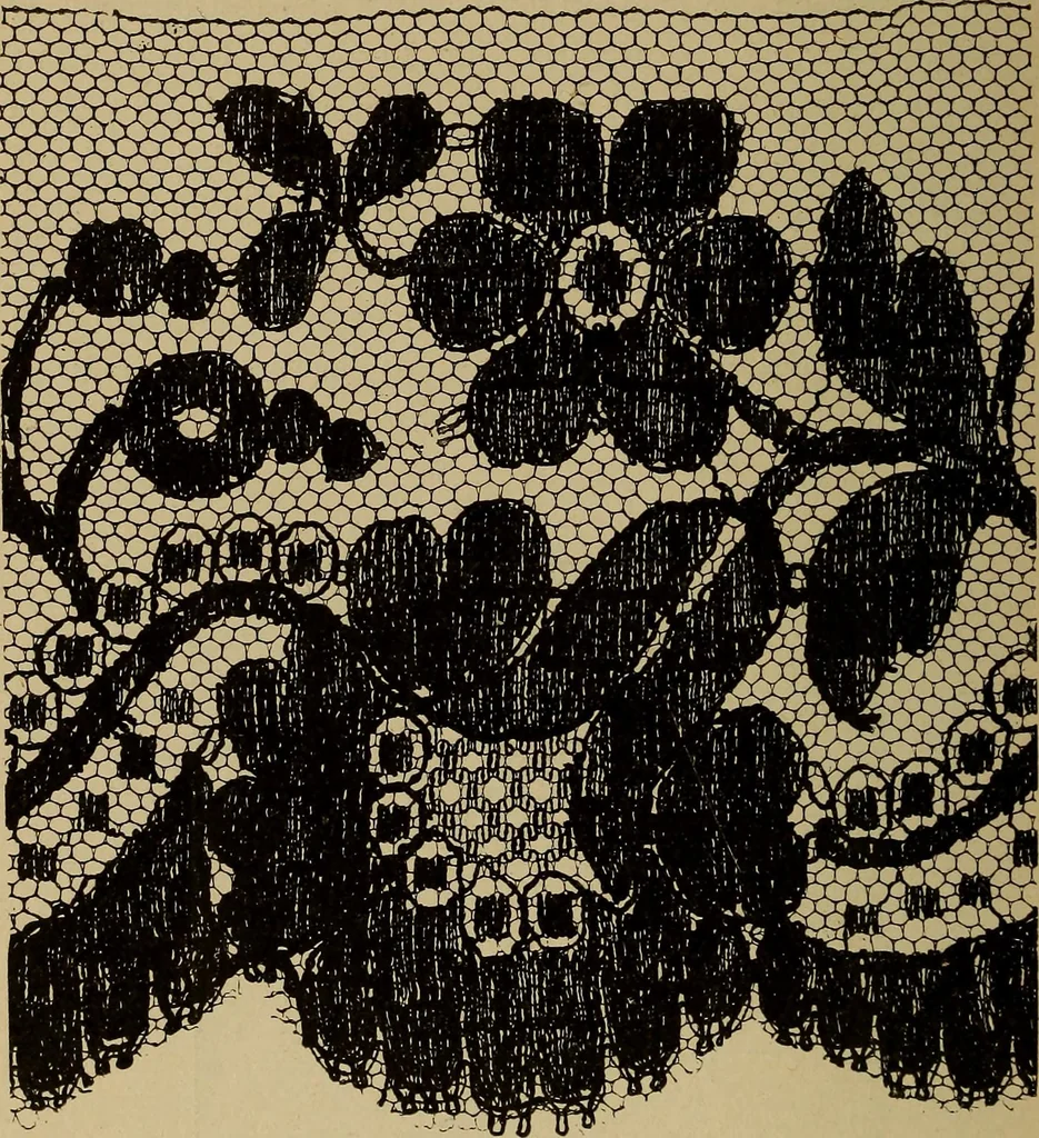 An illustration from Dentelles et guipures : anciennes et modernes, imitations ou copies. Varieté des genres et des points. 52 portraits documentaires, 249 échantillons de dentelles, collerettes, fraises, manchettes, rabats, etc., 1904, leaf 300