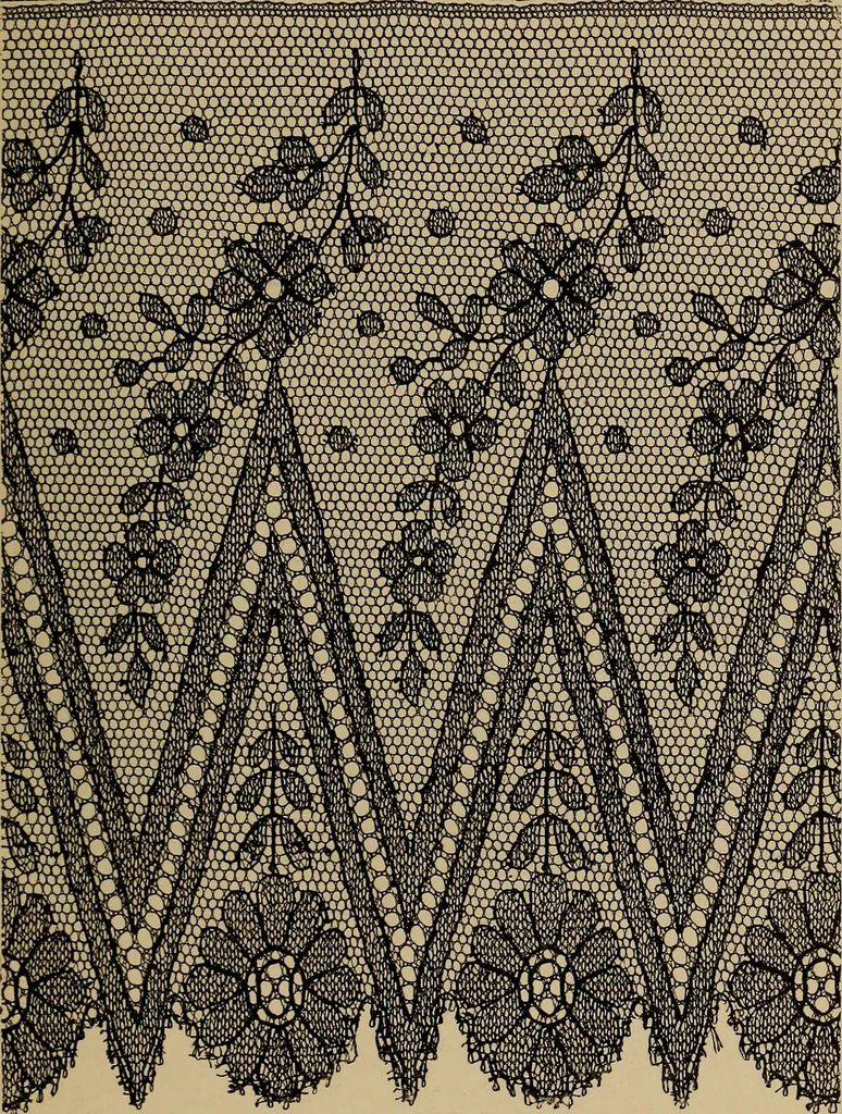An illustration from Dentelles et guipures : anciennes et modernes, imitations ou copies. Varieté des genres et des points. 52 portraits documentaires, 249 échantillons de dentelles, collerettes, fraises, manchettes, rabats, etc., 1904, leaf 301