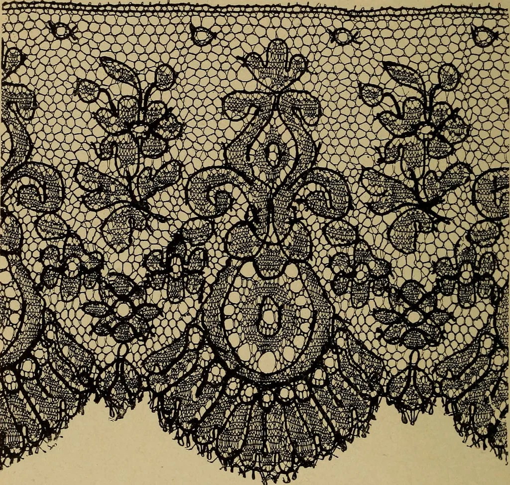 An illustration from Dentelles et guipures : anciennes et modernes, imitations ou copies. Varieté des genres et des points. 52 portraits documentaires, 249 échantillons de dentelles, collerettes, fraises, manchettes, rabats, etc., 1904, leaf 302