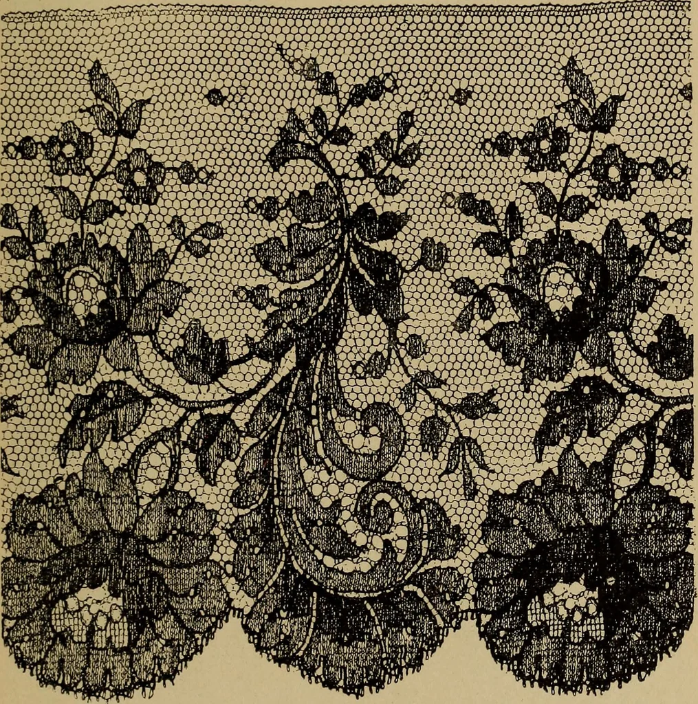 An illustration from Dentelles et guipures : anciennes et modernes, imitations ou copies. Varieté des genres et des points. 52 portraits documentaires, 249 échantillons de dentelles, collerettes, fraises, manchettes, rabats, etc., 1904, leaf 303