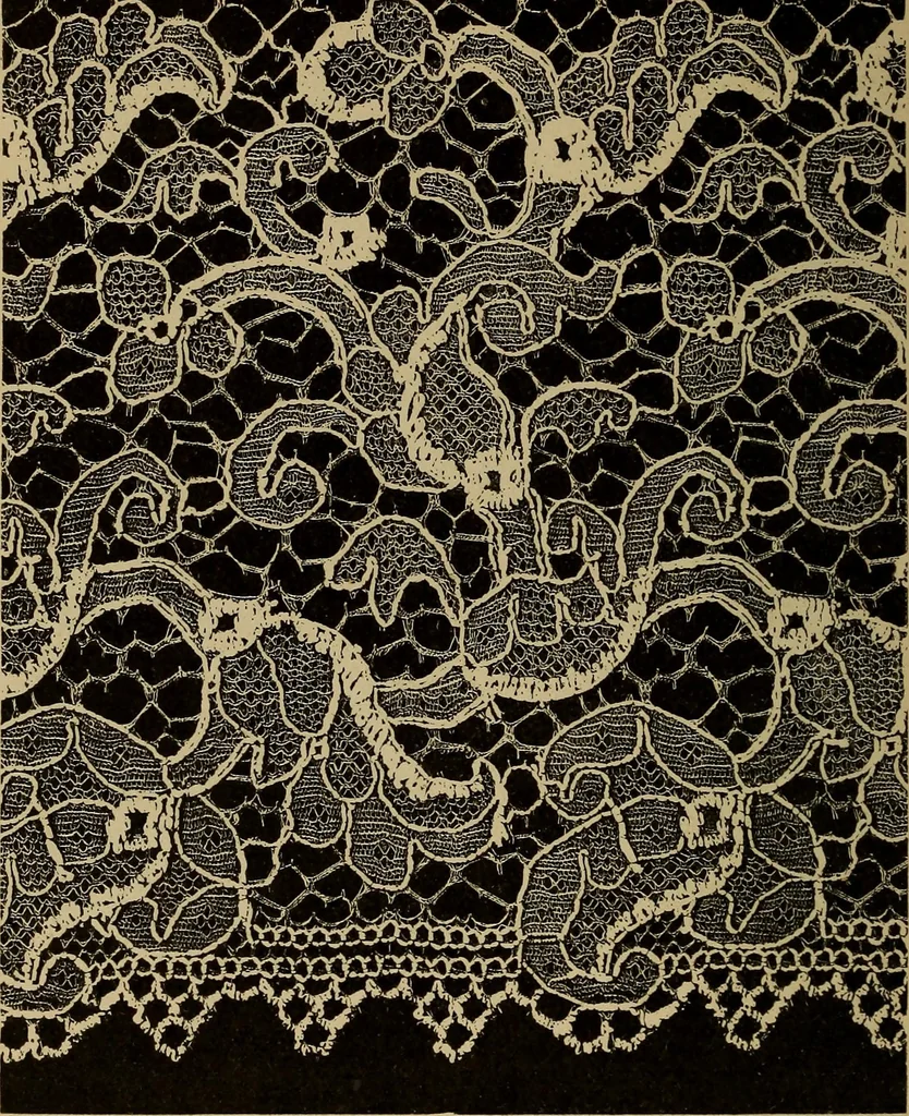 An illustration from Dentelles et guipures : anciennes et modernes, imitations ou copies. Varieté des genres et des points. 52 portraits documentaires, 249 échantillons de dentelles, collerettes, fraises, manchettes, rabats, etc., 1904, leaf 304