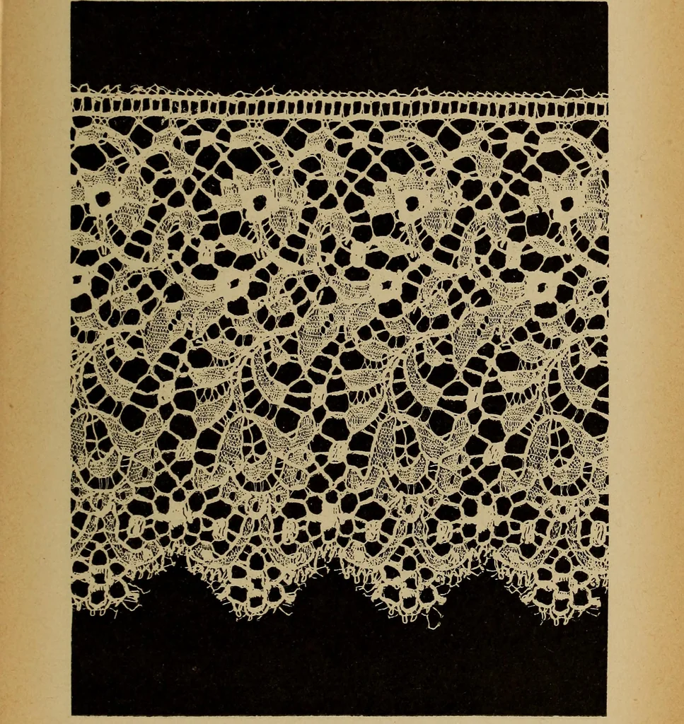 An illustration from Dentelles et guipures : anciennes et modernes, imitations ou copies. Varieté des genres et des points. 52 portraits documentaires, 249 échantillons de dentelles, collerettes, fraises, manchettes, rabats, etc., 1904, leaf 305