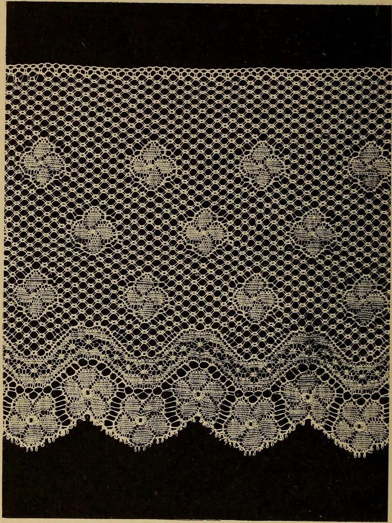 An illustration from Dentelles et guipures : anciennes et modernes, imitations ou copies. Varieté des genres et des points. 52 portraits documentaires, 249 échantillons de dentelles, collerettes, fraises, manchettes, rabats, etc., 1904, leaf 306