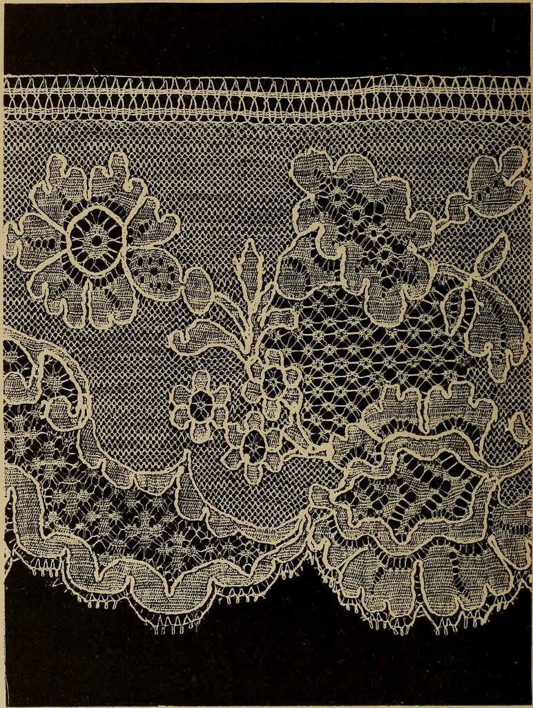 An illustration from Dentelles et guipures : anciennes et modernes, imitations ou copies. Varieté des genres et des points. 52 portraits documentaires, 249 échantillons de dentelles, collerettes, fraises, manchettes, rabats, etc., 1904, leaf 308