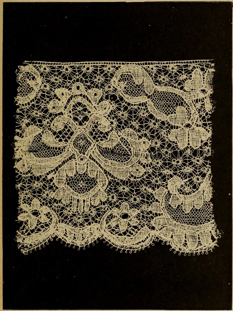 An illustration from Dentelles et guipures : anciennes et modernes, imitations ou copies. Varieté des genres et des points. 52 portraits documentaires, 249 échantillons de dentelles, collerettes, fraises, manchettes, rabats, etc., 1904, leaf 309