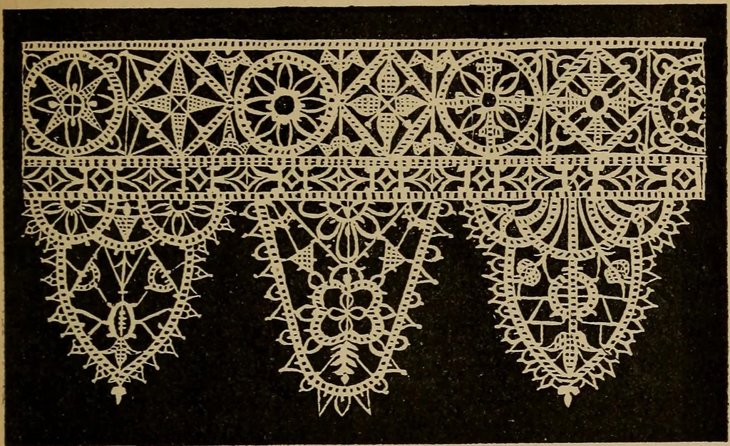 An illustration from Dentelles et guipures : anciennes et modernes, imitations ou copies. Varieté des genres et des points. 52 portraits documentaires, 249 échantillons de dentelles, collerettes, fraises, manchettes, rabats, etc., 1904, leaf 31