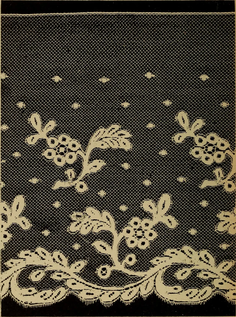 An illustration from Dentelles et guipures : anciennes et modernes, imitations ou copies. Varieté des genres et des points. 52 portraits documentaires, 249 échantillons de dentelles, collerettes, fraises, manchettes, rabats, etc., 1904, leaf 310