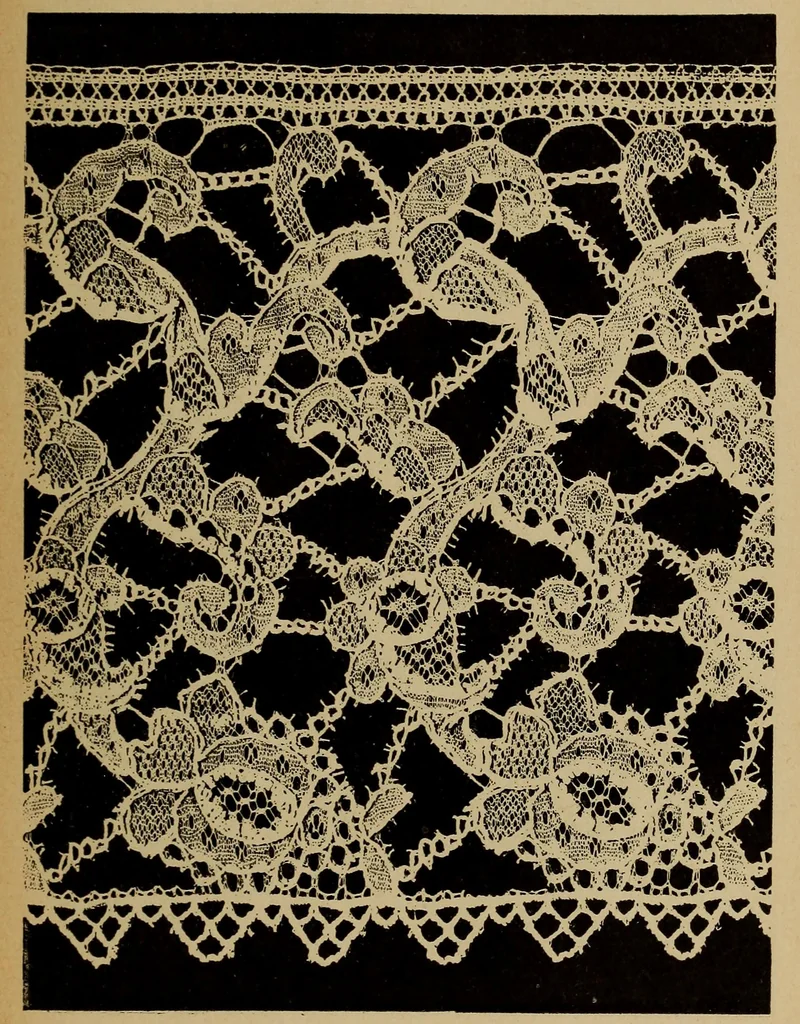 An illustration from Dentelles et guipures : anciennes et modernes, imitations ou copies. Varieté des genres et des points. 52 portraits documentaires, 249 échantillons de dentelles, collerettes, fraises, manchettes, rabats, etc., 1904, leaf 313