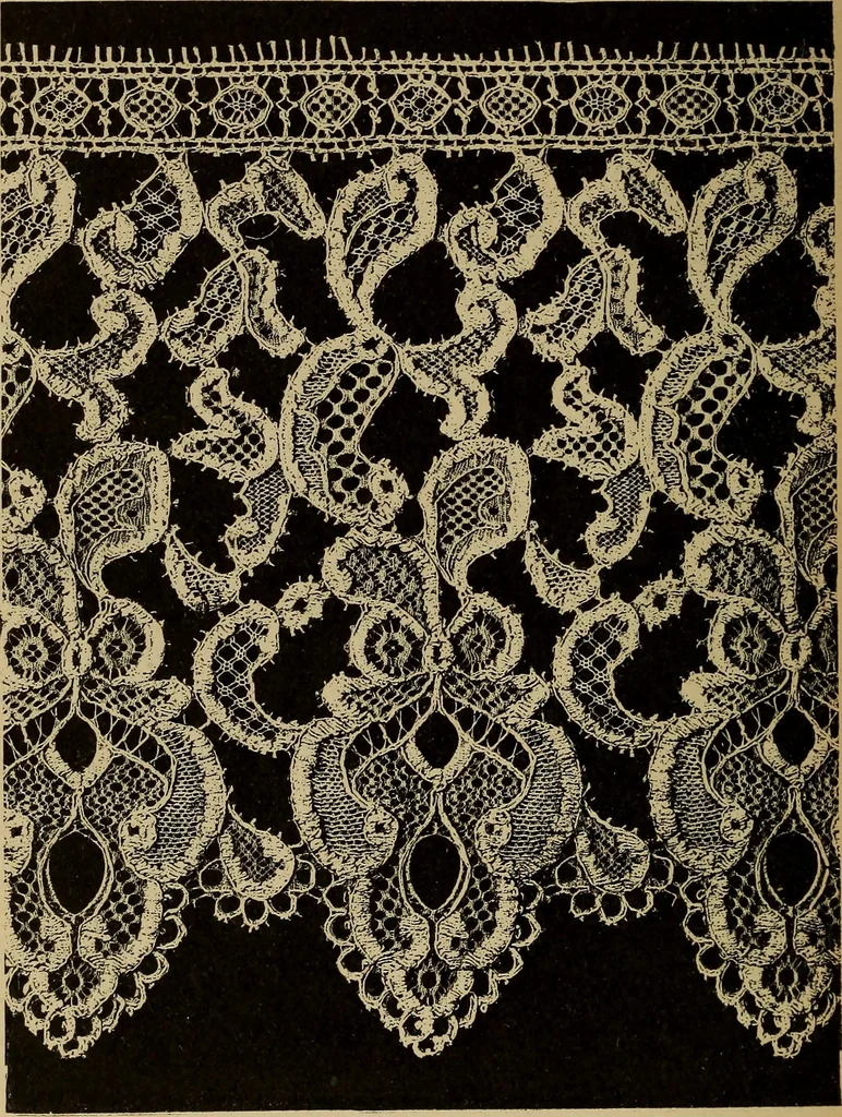 An illustration from Dentelles et guipures : anciennes et modernes, imitations ou copies. Varieté des genres et des points. 52 portraits documentaires, 249 échantillons de dentelles, collerettes, fraises, manchettes, rabats, etc., 1904, leaf 314