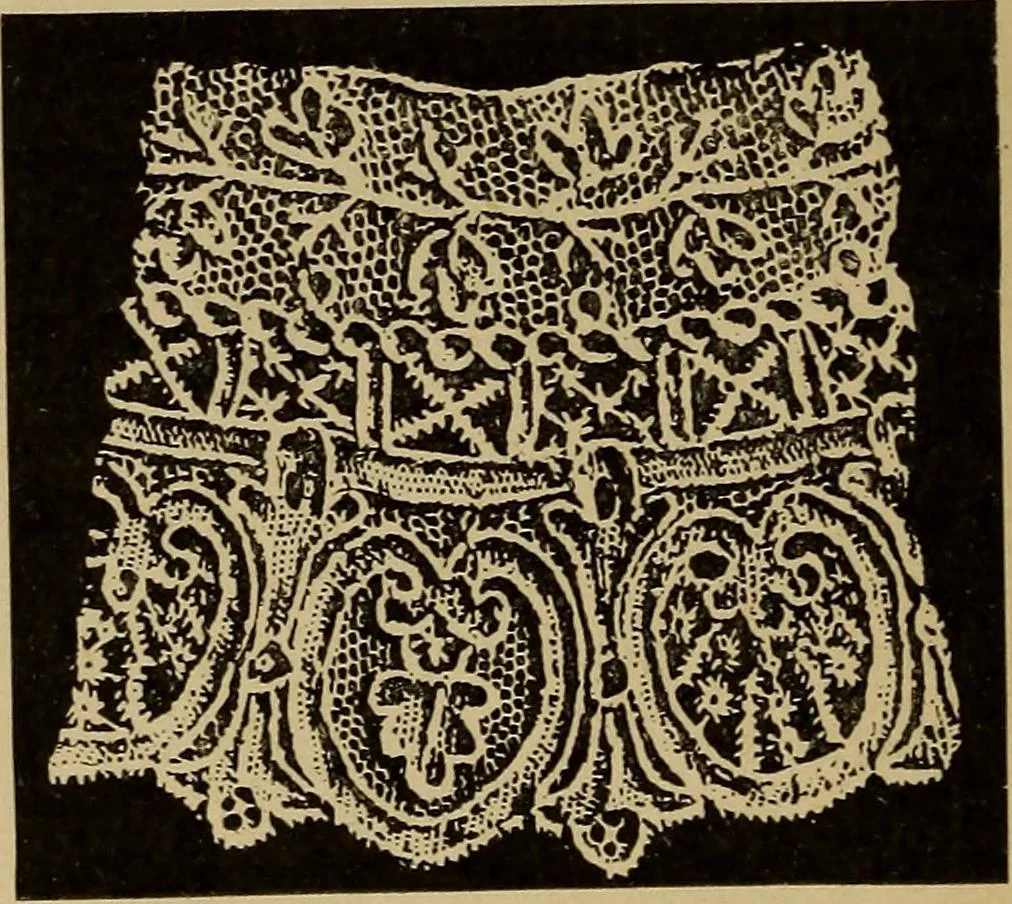 An illustration from Dentelles et guipures : anciennes et modernes, imitations ou copies. Varieté des genres et des points. 52 portraits documentaires, 249 échantillons de dentelles, collerettes, fraises, manchettes, rabats, etc., 1904, leaf 324