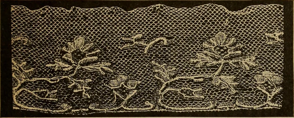 An illustration from Dentelles et guipures : anciennes et modernes, imitations ou copies. Varieté des genres et des points. 52 portraits documentaires, 249 échantillons de dentelles, collerettes, fraises, manchettes, rabats, etc., 1904, leaf 327