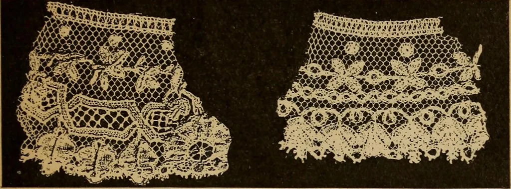 An illustration from Dentelles et guipures : anciennes et modernes, imitations ou copies. Varieté des genres et des points. 52 portraits documentaires, 249 échantillons de dentelles, collerettes, fraises, manchettes, rabats, etc., 1904, leaf 333