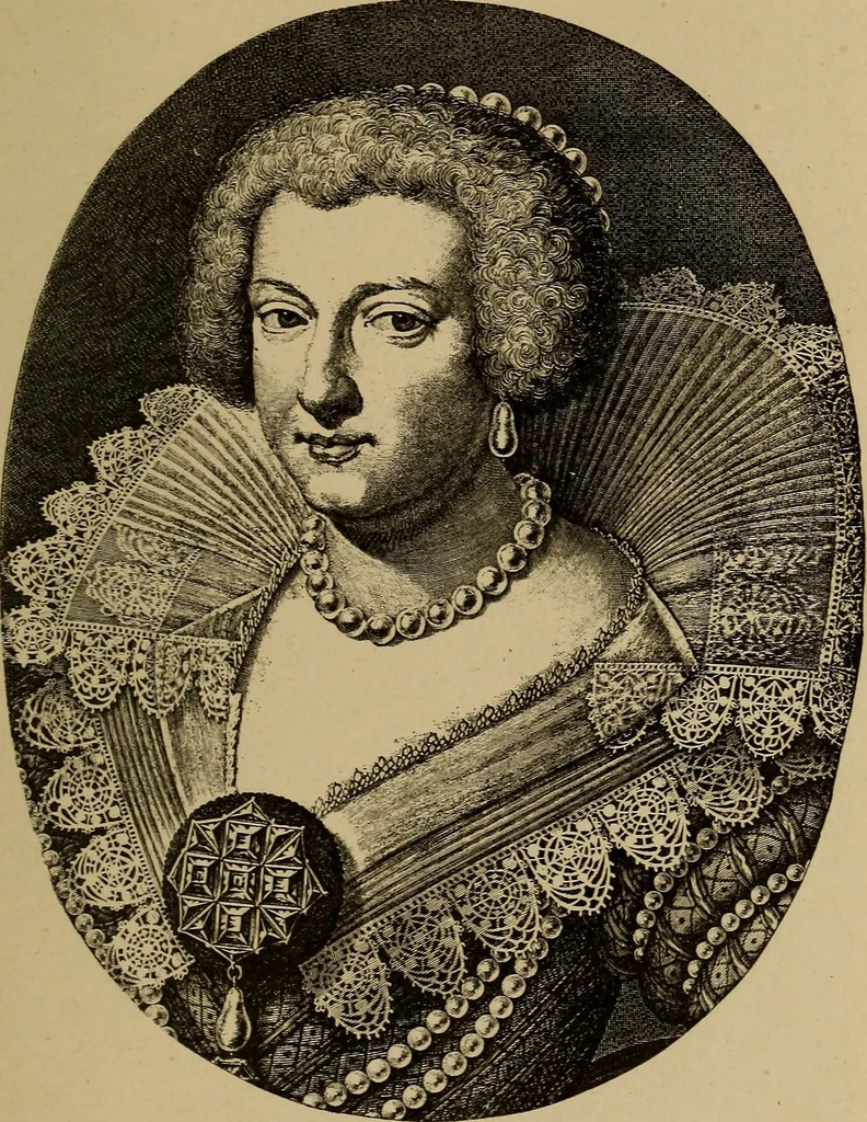 An illustration from Dentelles et guipures : anciennes et modernes, imitations ou copies. Varieté des genres et des points. 52 portraits documentaires, 249 échantillons de dentelles, collerettes, fraises, manchettes, rabats, etc., 1904, leaf 65