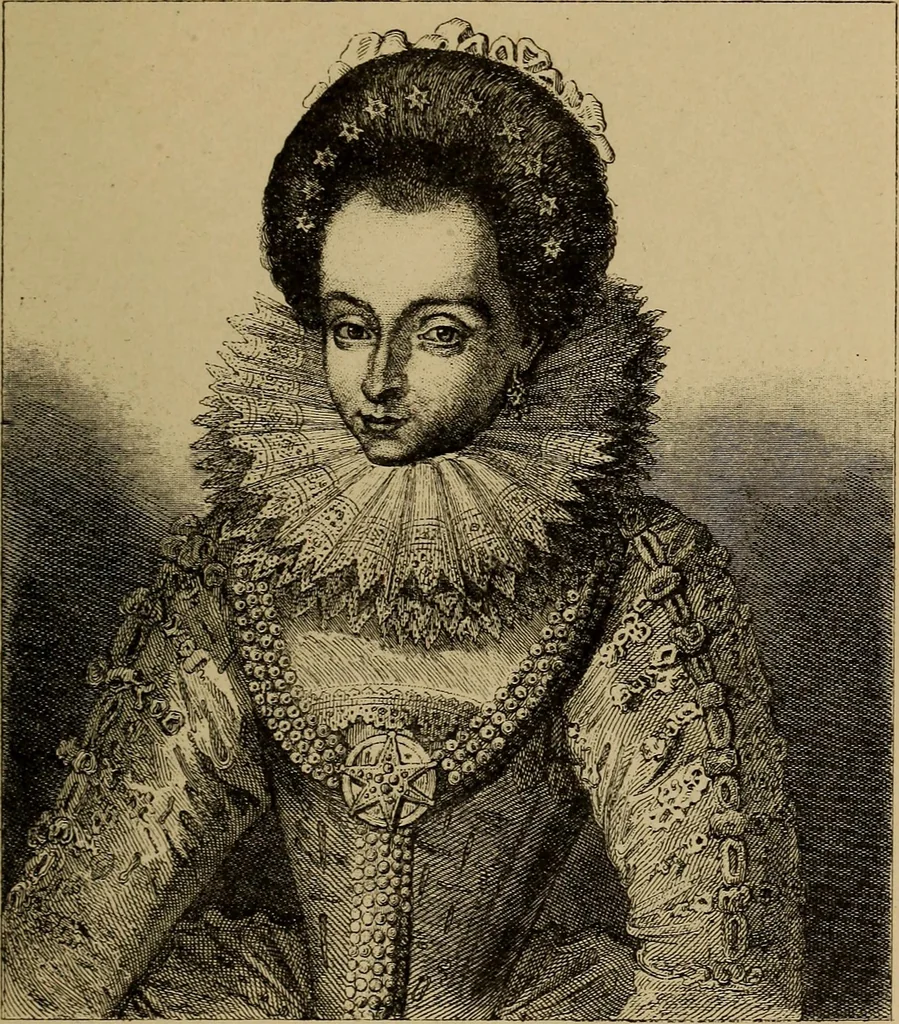 An illustration from Dentelles et guipures : anciennes et modernes, imitations ou copies. Varieté des genres et des points. 52 portraits documentaires, 249 échantillons de dentelles, collerettes, fraises, manchettes, rabats, etc., 1904, leaf 69
