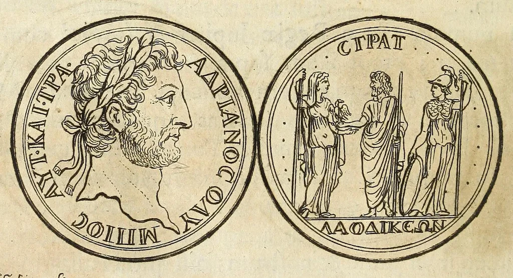 An illustration from De nummo Pantheo Hadriani Imperatoris, ad ill[uminati]mum Spanhemium dissertatio : in qua praeter nonnulla de consecrationibus veterum, illarúmque origine, peculiaris quaedam instituitur comparatio inter Hadrianum, & Alexandrum M. multáque illis communia demonstrantur, 1690, leaf 100