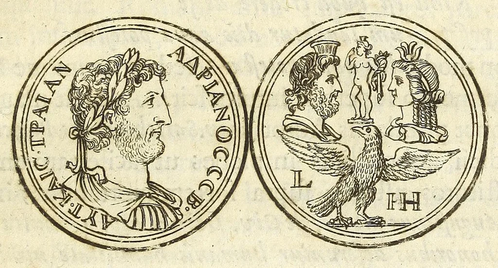 An illustration from De nummo Pantheo Hadriani Imperatoris, ad ill[uminati]mum Spanhemium dissertatio : in qua praeter nonnulla de consecrationibus veterum, illarúmque origine, peculiaris quaedam instituitur comparatio inter Hadrianum, & Alexandrum M. multáque illis communia demonstrantur, 1690, leaf 25