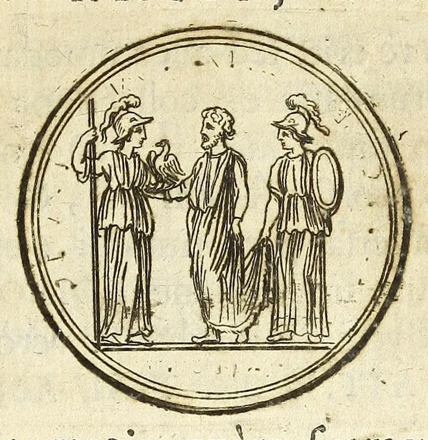 An illustration from De nummo Pantheo Hadriani Imperatoris, ad ill[uminati]mum Spanhemium dissertatio : in qua praeter nonnulla de consecrationibus veterum, illarúmque origine, peculiaris quaedam instituitur comparatio inter Hadrianum, & Alexandrum M. multáque illis communia demonstrantur, 1690, leaf 43