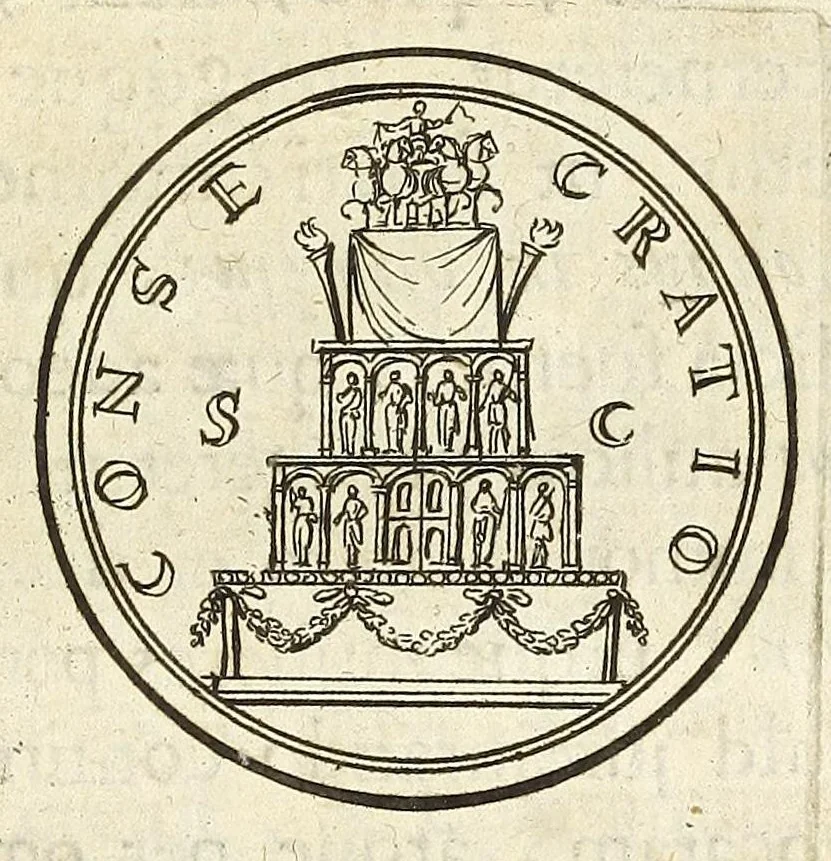 An illustration from De nummo Pantheo Hadriani Imperatoris, ad ill[uminati]mum Spanhemium dissertatio : in qua praeter nonnulla de consecrationibus veterum, illarúmque origine, peculiaris quaedam instituitur comparatio inter Hadrianum, & Alexandrum M. multáque illis communia demonstrantur, 1690, leaf 57