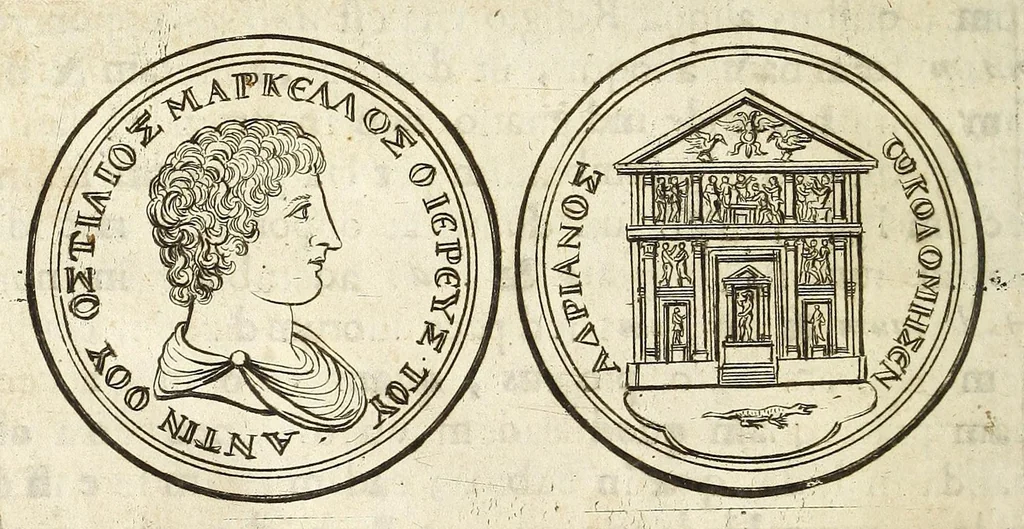 An illustration from De nummo Pantheo Hadriani Imperatoris, ad ill[uminati]mum Spanhemium dissertatio : in qua praeter nonnulla de consecrationibus veterum, illarúmque origine, peculiaris quaedam instituitur comparatio inter Hadrianum, & Alexandrum M. multáque illis communia demonstrantur, 1690, leaf 64