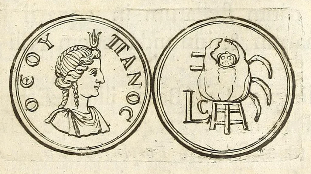 An illustration from De nummo Pantheo Hadriani Imperatoris, ad ill[uminati]mum Spanhemium dissertatio : in qua praeter nonnulla de consecrationibus veterum, illarúmque origine, peculiaris quaedam instituitur comparatio inter Hadrianum, & Alexandrum M. multáque illis communia demonstrantur, 1690, leaf 81