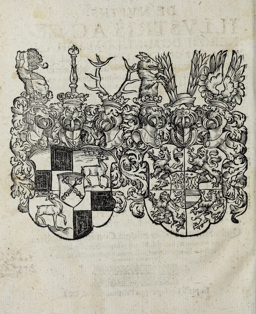 An illustration from De nuptiis illustris ac generosi Domini, Dom. Iohannis Georgii, Comitis a Zollern, serenissimi vtriusque Bauariae Ducis, Maxaemiliani consiliarij, &c. illustris & generosi Domini, Dom. Italo Friderici, Comitis à Zollern, Sigmaringen & Veringen, Domini in Haigerloch & Wehrstain, Romani Imperij Cubicularij haereditarij, Sacrae Caes. Maiestatis consiliarij intimi, &c. filii vnicè dilecti, Dominorum suorum clementissimorum, cum illustri et generosa Domina, Do. Francisca, illustris & generosi Domini, Dom. Friderici Vvild, Comitis in Thaumb & Kyrburg, Comitis Rheinensis in Stain, Comitis à Salm, & Domini in Vinstingen, &c. filia : celebratis Hechingae XI. Octobris, anno salutis M. D. IIC. libri septem : versu heroico, 1601, leaf 10