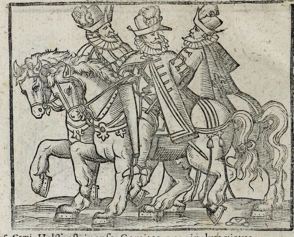An illustration from De nuptiis illustris ac generosi Domini, Dom. Iohannis Georgii, Comitis a Zollern, serenissimi vtriusque Bauariae Ducis, Maxaemiliani consiliarij, &c. illustris & generosi Domini, Dom. Italo Friderici, Comitis à Zollern, Sigmaringen & Veringen, Domini in Haigerloch & Wehrstain, Romani Imperij Cubicularij haereditarij, Sacrae Caes. Maiestatis consiliarij intimi, &c. filii vnicè dilecti, Dominorum suorum clementissimorum, cum illustri et generosa Domina, Do. Francisca, illustris & generosi Domini, Dom. Friderici Vvild, Comitis in Thaumb & Kyrburg, Comitis Rheinensis in Stain, Comitis à Salm, & Domini in Vinstingen, &c. filia : celebratis Hechingae XI. Octobris, anno salutis M. D. IIC. libri septem : versu heroico, 1601, leaf 104
