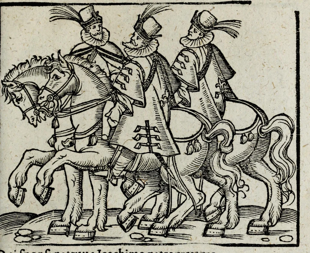 An illustration from De nuptiis illustris ac generosi Domini, Dom. Iohannis Georgii, Comitis a Zollern, serenissimi vtriusque Bauariae Ducis, Maxaemiliani consiliarij, &c. illustris & generosi Domini, Dom. Italo Friderici, Comitis à Zollern, Sigmaringen & Veringen, Domini in Haigerloch & Wehrstain, Romani Imperij Cubicularij haereditarij, Sacrae Caes. Maiestatis consiliarij intimi, &c. filii vnicè dilecti, Dominorum suorum clementissimorum, cum illustri et generosa Domina, Do. Francisca, illustris & generosi Domini, Dom. Friderici Vvild, Comitis in Thaumb & Kyrburg, Comitis Rheinensis in Stain, Comitis à Salm, & Domini in Vinstingen, &c. filia : celebratis Hechingae XI. Octobris, anno salutis M. D. IIC. libri septem : versu heroico, 1601, leaf 105