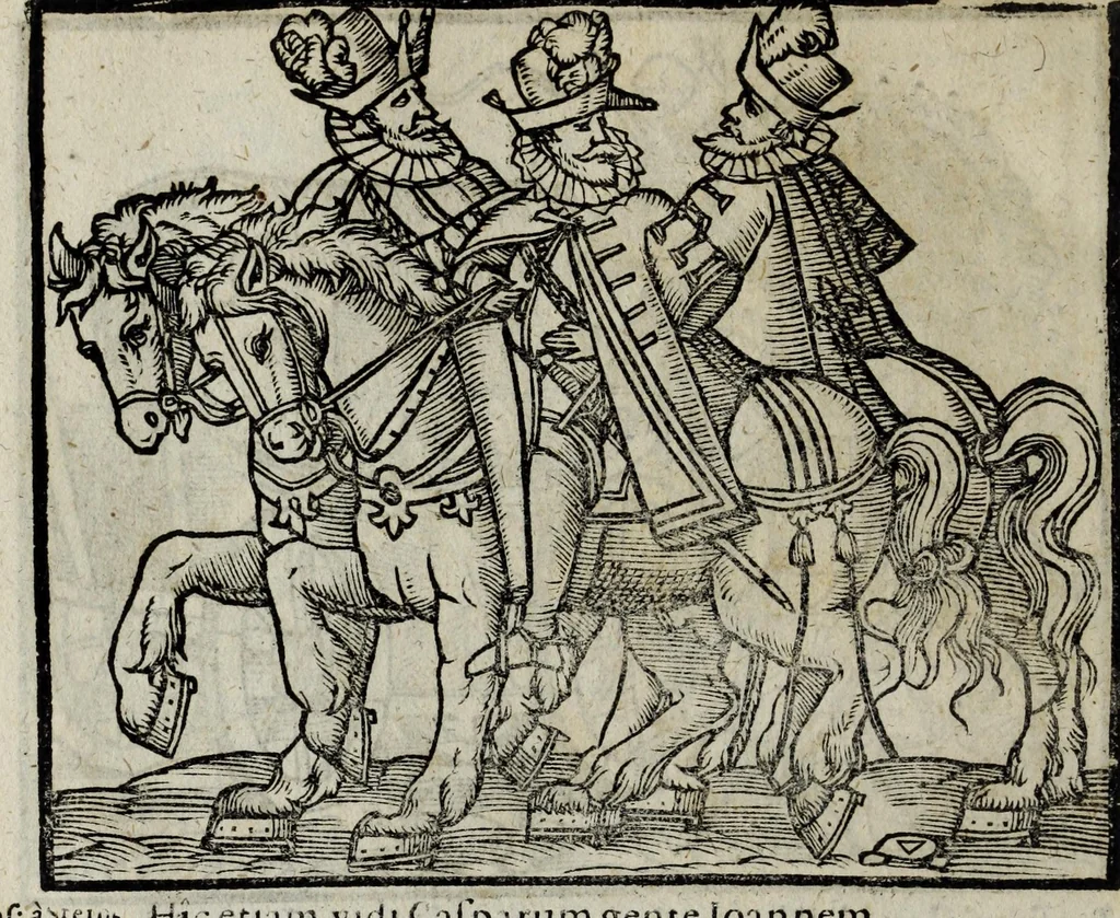 An illustration from De nuptiis illustris ac generosi Domini, Dom. Iohannis Georgii, Comitis a Zollern, serenissimi vtriusque Bauariae Ducis, Maxaemiliani consiliarij, &c. illustris & generosi Domini, Dom. Italo Friderici, Comitis à Zollern, Sigmaringen & Veringen, Domini in Haigerloch & Wehrstain, Romani Imperij Cubicularij haereditarij, Sacrae Caes. Maiestatis consiliarij intimi, &c. filii vnicè dilecti, Dominorum suorum clementissimorum, cum illustri et generosa Domina, Do. Francisca, illustris & generosi Domini, Dom. Friderici Vvild, Comitis in Thaumb & Kyrburg, Comitis Rheinensis in Stain, Comitis à Salm, & Domini in Vinstingen, &c. filia : celebratis Hechingae XI. Octobris, anno salutis M. D. IIC. libri septem : versu heroico, 1601, leaf 128