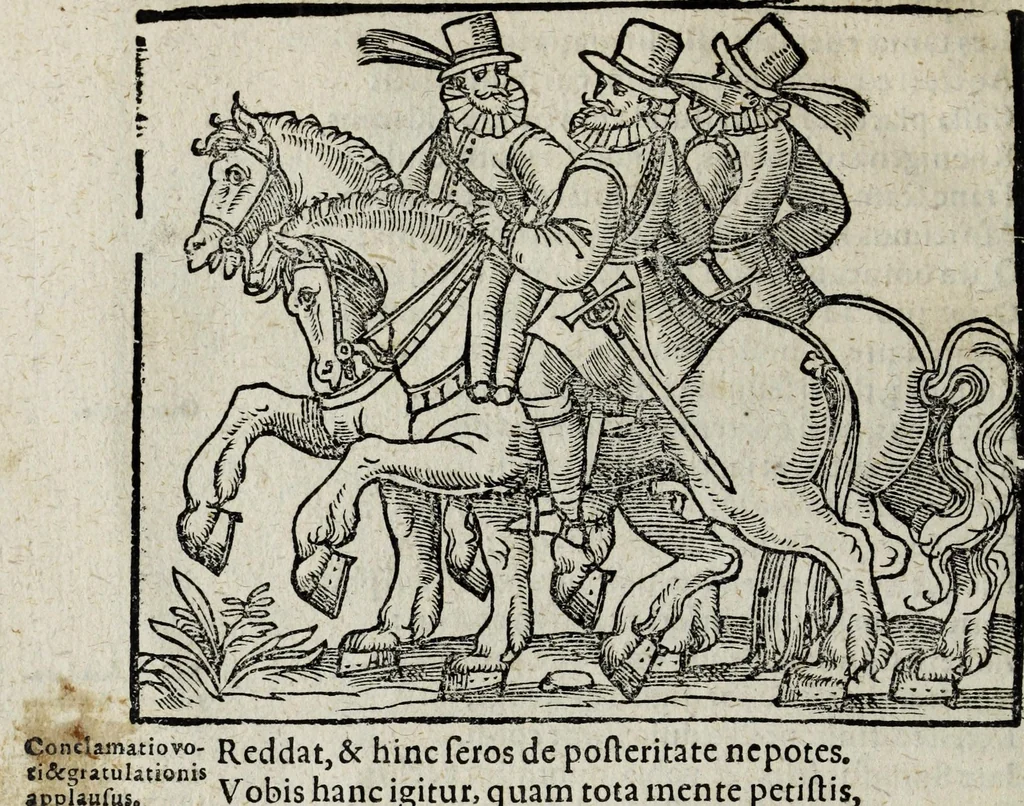 An illustration from De nuptiis illustris ac generosi Domini, Dom. Iohannis Georgii, Comitis a Zollern, serenissimi vtriusque Bauariae Ducis, Maxaemiliani consiliarij, &c. illustris & generosi Domini, Dom. Italo Friderici, Comitis à Zollern, Sigmaringen & Veringen, Domini in Haigerloch & Wehrstain, Romani Imperij Cubicularij haereditarij, Sacrae Caes. Maiestatis consiliarij intimi, &c. filii vnicè dilecti, Dominorum suorum clementissimorum, cum illustri et generosa Domina, Do. Francisca, illustris & generosi Domini, Dom. Friderici Vvild, Comitis in Thaumb & Kyrburg, Comitis Rheinensis in Stain, Comitis à Salm, & Domini in Vinstingen, &c. filia : celebratis Hechingae XI. Octobris, anno salutis M. D. IIC. libri septem : versu heroico, 1601, leaf 132