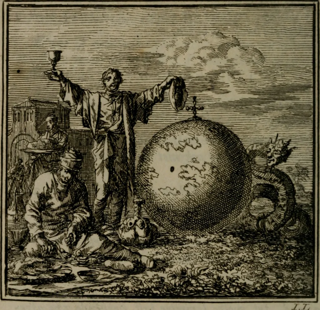 An illustration from De Onwaardige Wereld, 1728, leaf 185