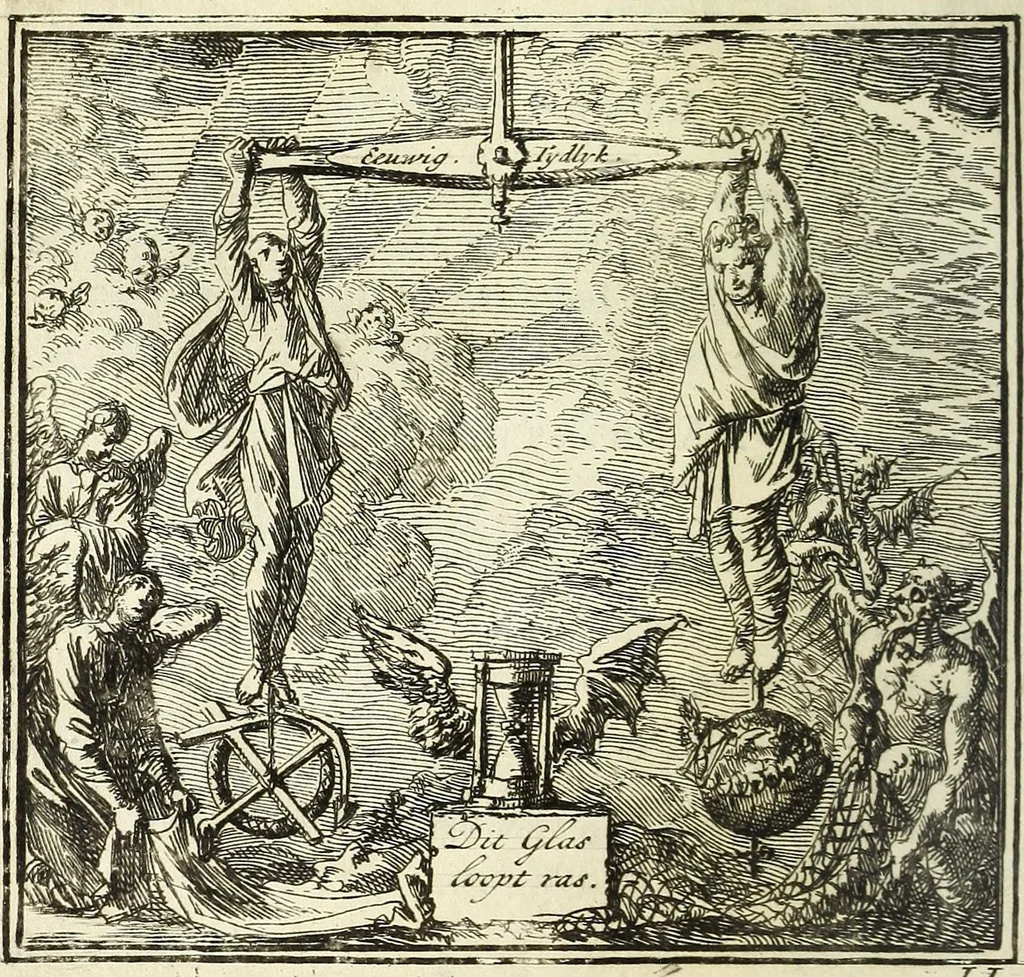 An illustration from De onwaardige wereld : vertoond in vyftig zinnebeelden, met godlyke spreuken en stichtelyke verzen, 1710, leaf 106