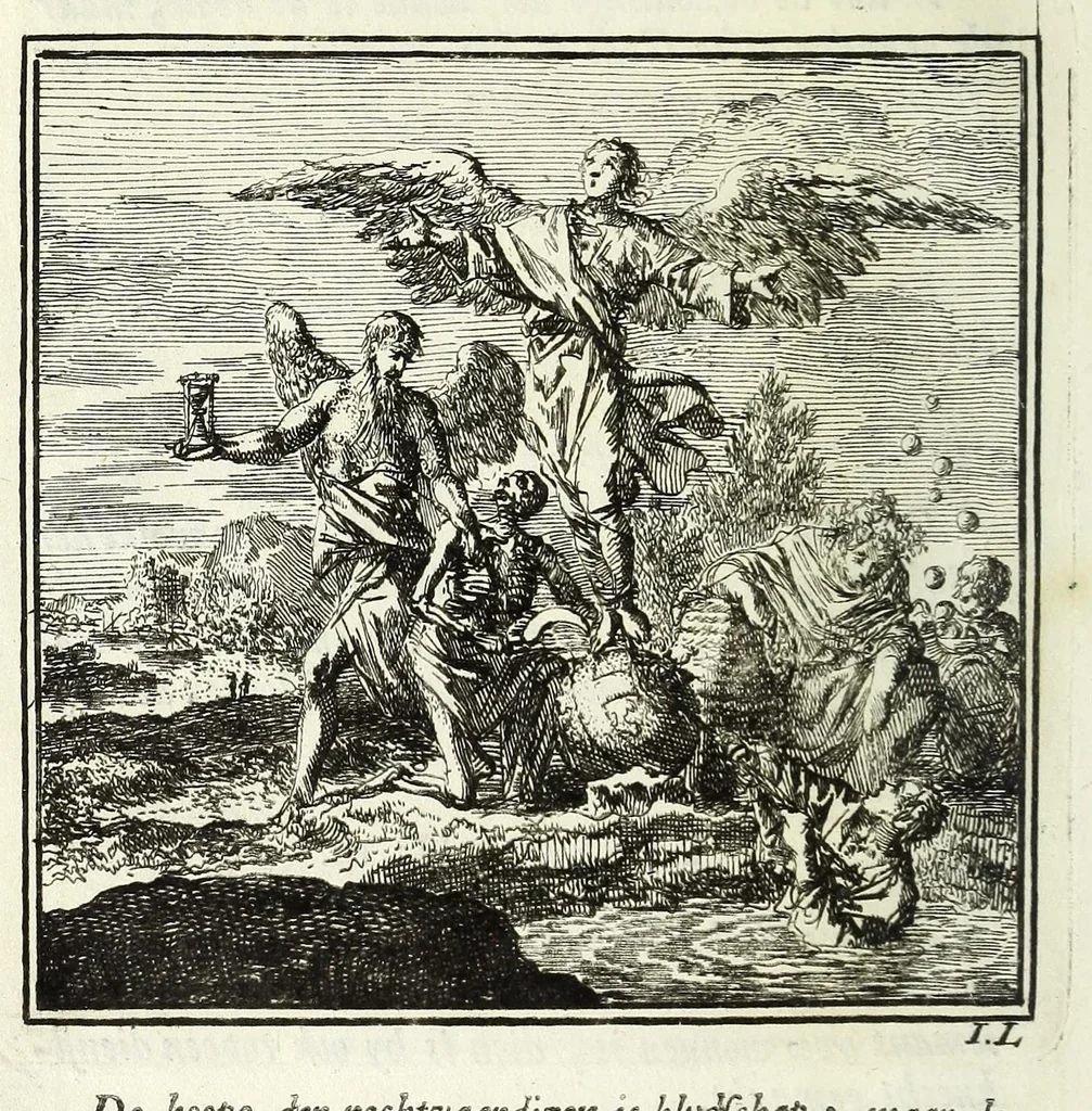 An illustration from De onwaardige wereld : vertoond in vyftig zinnebeelden, met godlyke spreuken en stichtelyke verzen, 1710, leaf 18