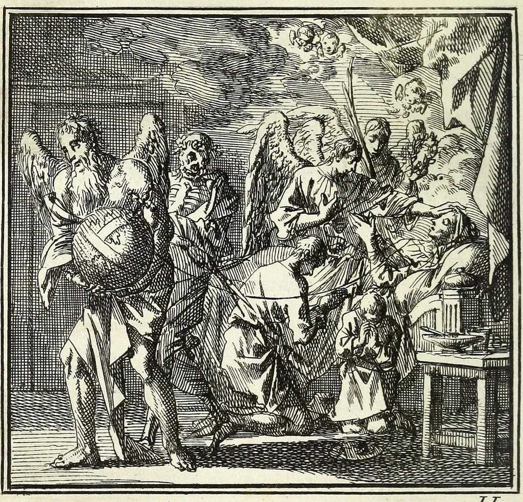An illustration from De onwaardige wereld : vertoond in vyftig zinnebeelden, met godlyke spreuken en stichtelyke verzen, 1710, leaf 208