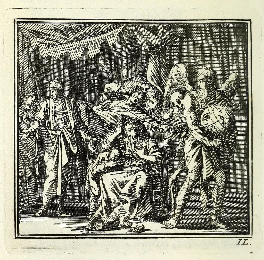 An illustration from De onwaardige wereld : vertoond in vyftig zinnebeelden, met godlyke spreuken en stichtelyke verzen, 1710, leaf 212