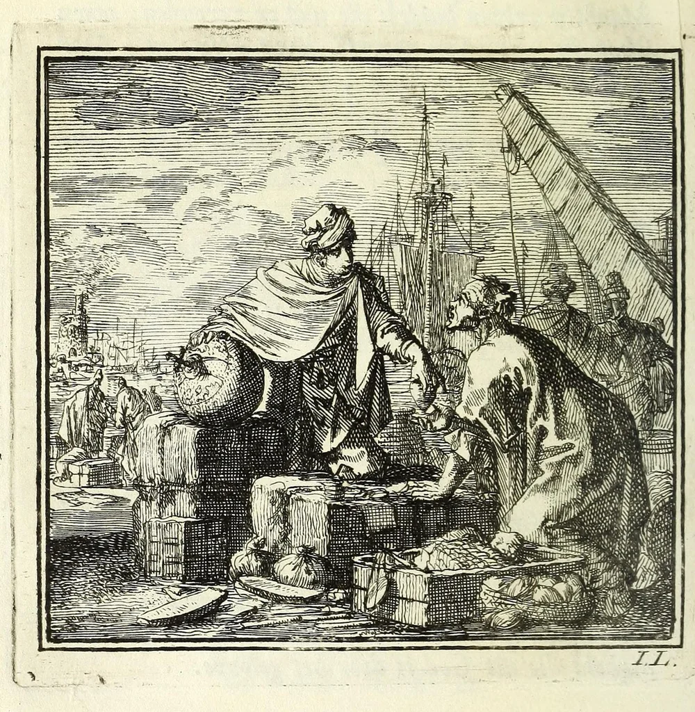 An illustration from De onwaardige wereld : vertoond in vyftig zinnebeelden, met godlyke spreuken en stichtelyke verzen, 1710, leaf 46