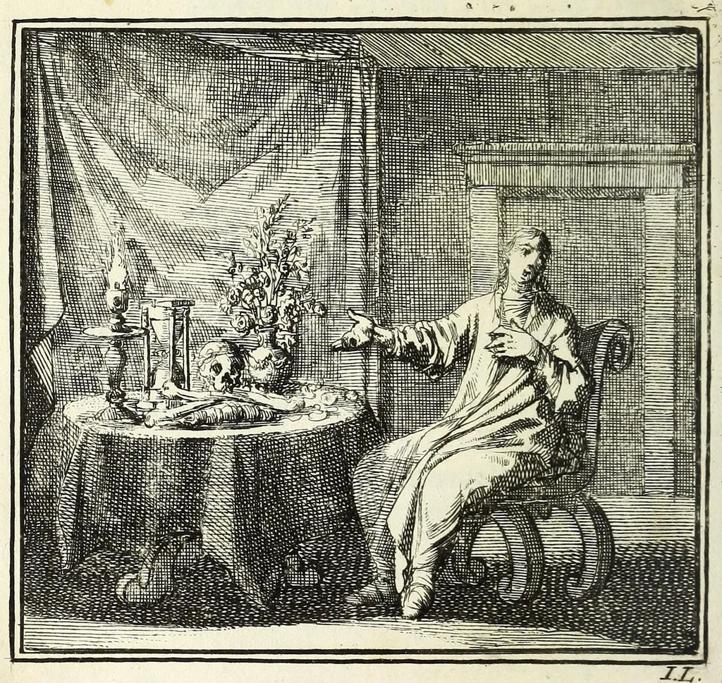 An illustration from De onwaardige wereld : vertoond in vyftig zinnebeelden, met godlyke spreuken en stichtelyke verzen, 1710, leaf 70