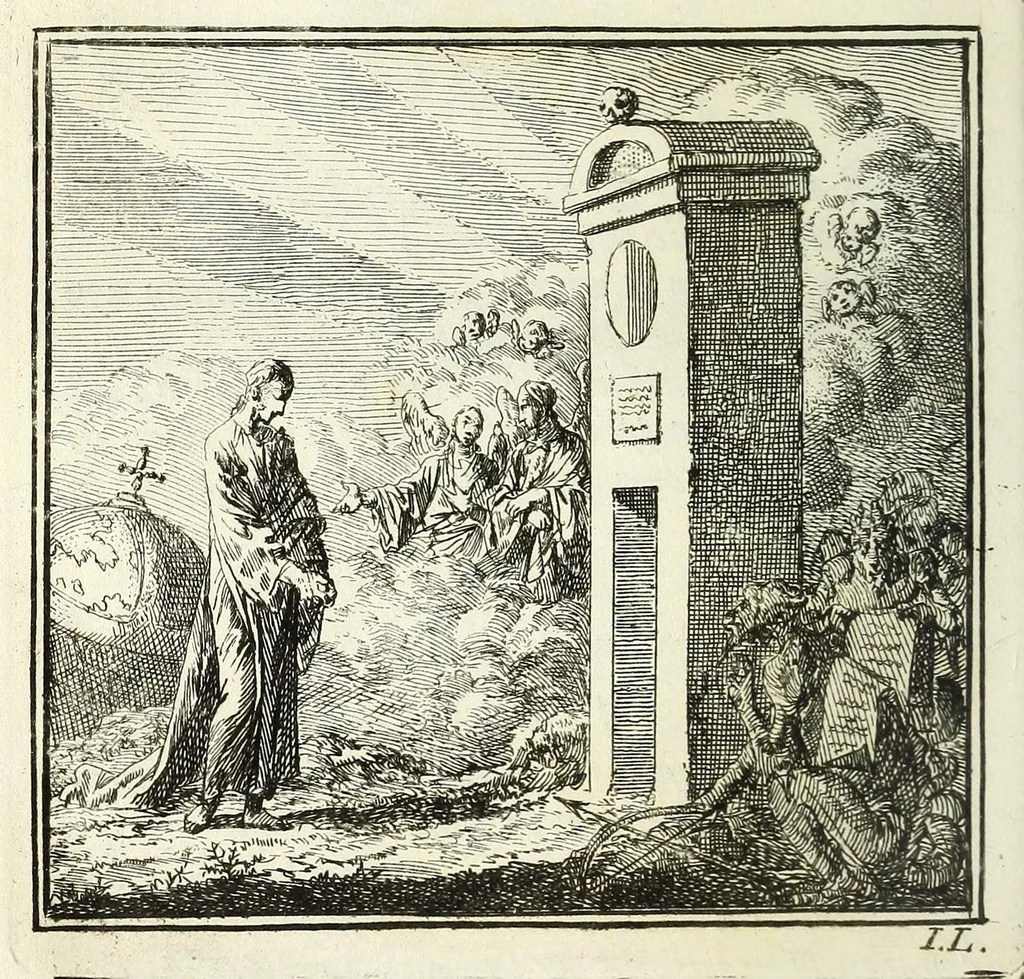 An illustration from De onwaardige wereld : vertoond in vyftig zinnebeelden, met godlyke spreuken en stichtelyke verzen, 1710, leaf 98