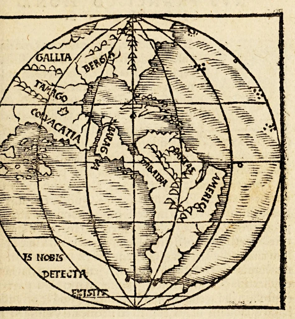 An illustration from De orbis situ ac descriptione, ad reuerendiss. D. archiepiscopum Panormitanum, Francisci, monachi ordinis Fra[n]ciscani, epistola sane qua[m] luculenta. : In qua Ptolemæi, cæterorumq[ue] superioru[m] geographorum hallucinatio refellitur, aliaq[ue] præterea de recens inuentis terris, mari, insulis, 1529, leaf 9