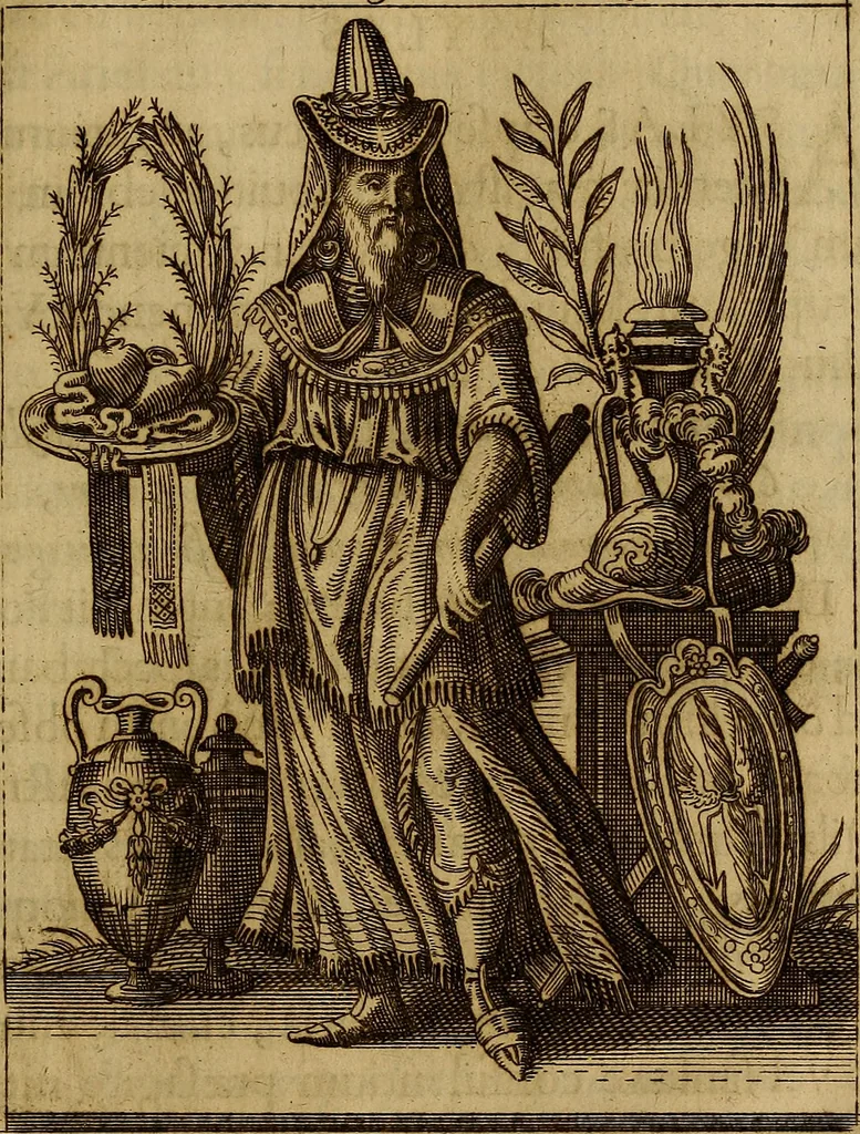 An illustration from Historia deorum fatidicorum, vatum, sibyllarum, phoebadum, apud priscos illustrium : cum eorum iconibus : praeposita est disertatio de divinatione et oraculis, 1675, leaf 128