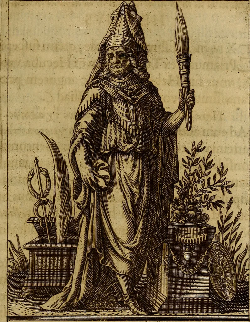 An illustration from Historia deorum fatidicorum, vatum, sibyllarum, phoebadum, apud priscos illustrium : cum eorum iconibus : praeposita est disertatio de divinatione et oraculis, 1675, leaf 136