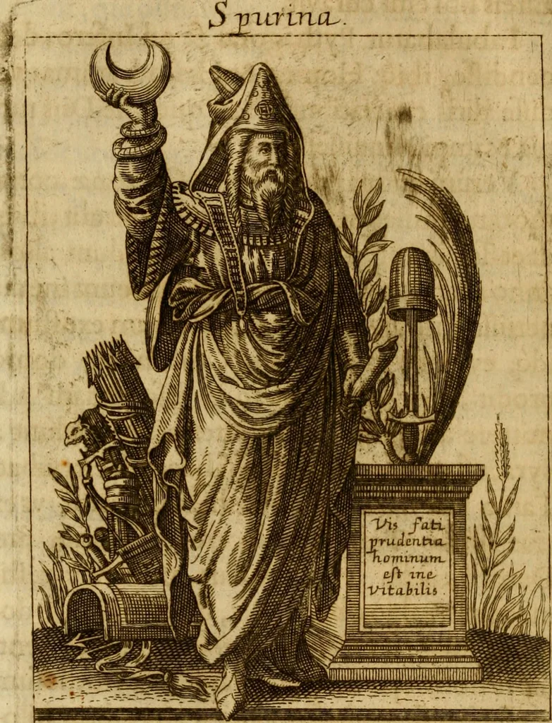 An illustration from Historia deorum fatidicorum, vatum, sibyllarum, phoebadum, apud priscos illustrium : cum eorum iconibus : praeposita est disertatio de divinatione et oraculis, 1675, leaf 157