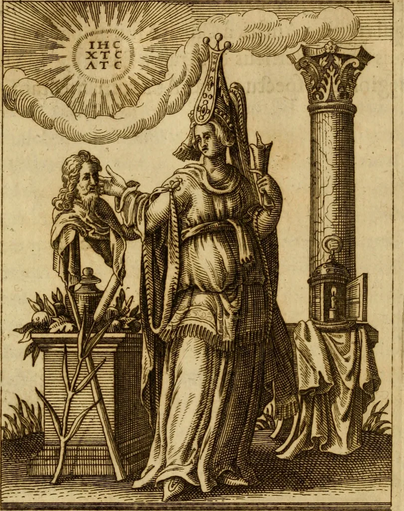 An illustration from Historia deorum fatidicorum, vatum, sibyllarum, phoebadum, apud priscos illustrium : cum eorum iconibus : praeposita est disertatio de divinatione et oraculis, 1675, leaf 197