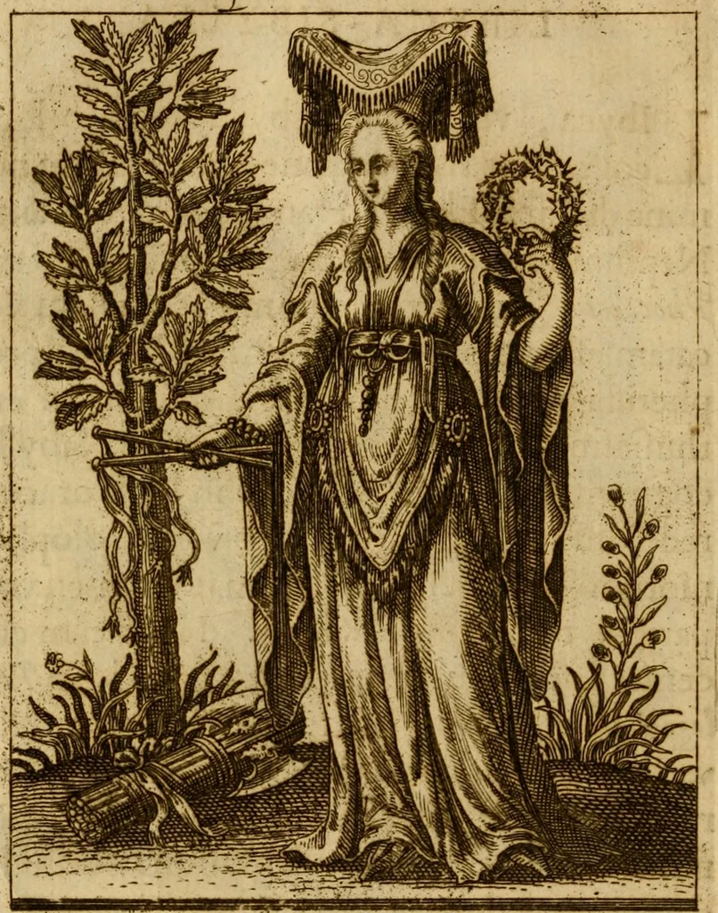An illustration from Historia deorum fatidicorum, vatum, sibyllarum, phoebadum, apud priscos illustrium : cum eorum iconibus : praeposita est disertatio de divinatione et oraculis, 1675, leaf 199