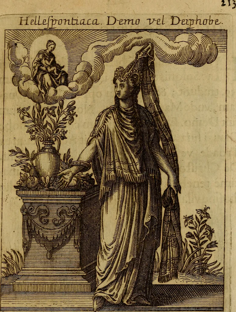 An illustration from Historia deorum fatidicorum, vatum, sibyllarum, phoebadum, apud priscos illustrium : cum eorum iconibus : praeposita est disertatio de divinatione et oraculis, 1675, leaf 216